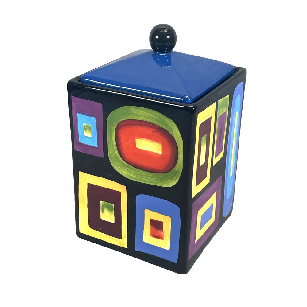Mary Naylor Designs Modern Ceramic Canister Blue Lid Hand Painted Abstract 6x4.5